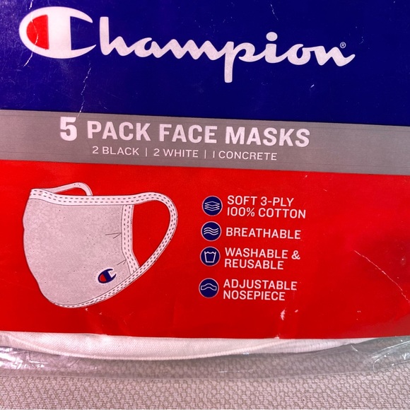 Two- Champion Branded Face Mask Set of 5- 2 Black 2 white 1 Gray Adult Adj nose - Picture 7 of 9